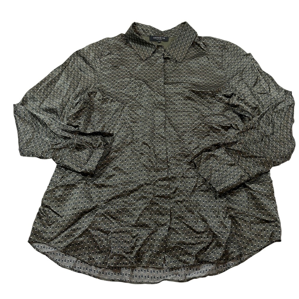 Lafayette 148 New York Olive Green 100% Silk Floral Sprig Button Down Shirt L